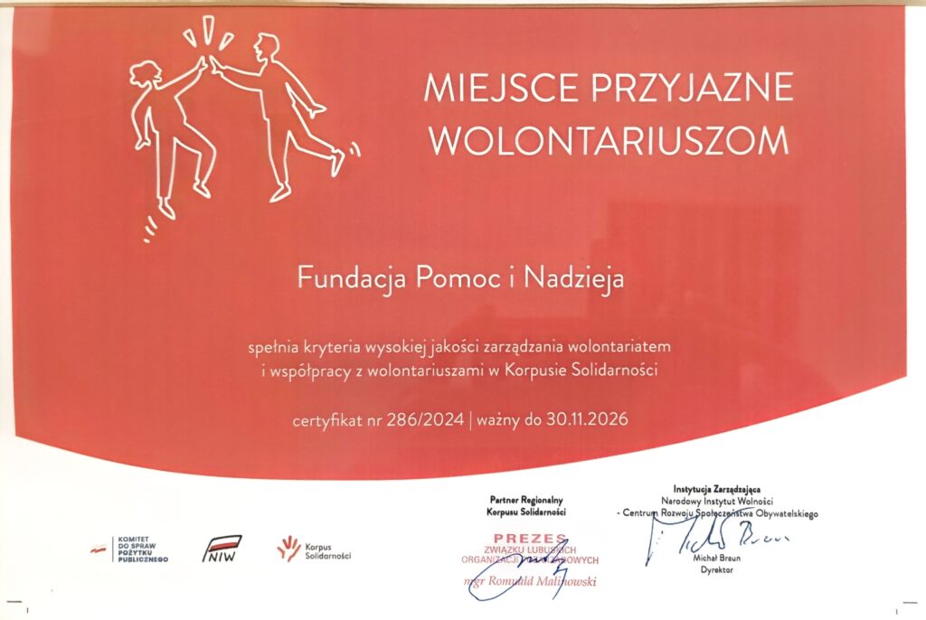 Certyfikat "Miejsce przyjazne wolontariuszom"